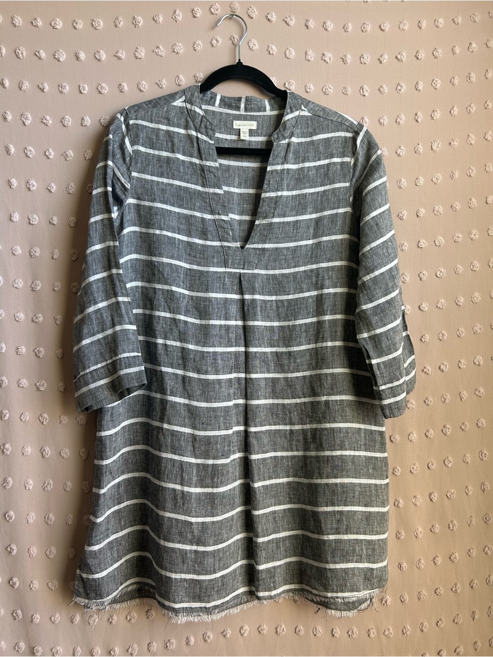 Garnet Hill Linen Fringe Hem Tunic Long Sleeve Striped Sz XS Grey White